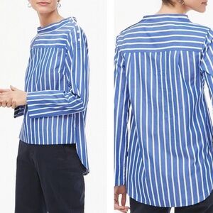 Jcrew size 2 blue and white striped funnel‎ neck cotton blouse, buttons at neck